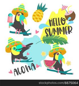Hello summer. Aloha. Cute funny cartoon Toucan. Tropical paradis. Aloha. Hello summer. A set of cheerful toucans. One Toucan in a Mexican hat holds ice cream. The second Toucan in the hat sits on a tree branch. The third holds a piece of watermelon in his paw. Tropical leaves, flowers and fruit. Set of design elements for your own bright summer tropical illustration.
