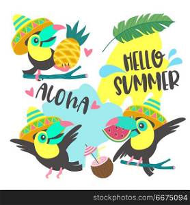 Hello summer. Aloha. Cute funny cartoon Toucan. Tropical paradis. Aloha. Hello summer. A set of cheerful toucans. One Toucan in a Mexican hat holds a pineapple. The second Toucan in a hat flies. The third holds a piece of watermelon in its beak. Tropical leaves, flowers and fruit and coconut cocktail. Set of design elements for your own bright summer tropical illustration.