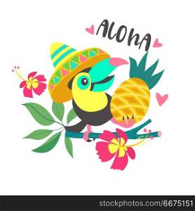 Hello summer. Aloha. Cute funny cartoon Toucan. Tropical paradis. Aloha. A cheerful colorful Toucan in a Mexican hat sits on a tree branch and holds a pineapple in its paw. Bright summer illustration.