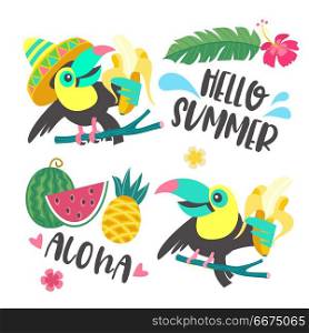 Hello summer. Aloha. Cute funny cartoon Toucan. Tropical paradis. Hello summer. Aloha. Funny toucans hold bananas. Tropical leaves, flowers, pineapple, watermelon. The set of elements in cartoon style for design your own colorful tropical illustrations.