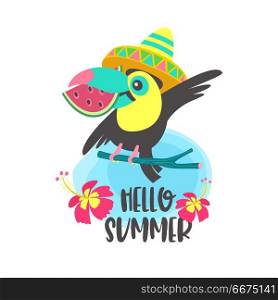 Hello summer. Aloha. Cute funny cartoon Toucan. Tropical paradis. Hello summer. A cheerful colorful Toucan in a Mexican hat sits on a tree branch and holds a slice of watermelon in its beak. Bright summer illustration in cartoon style.