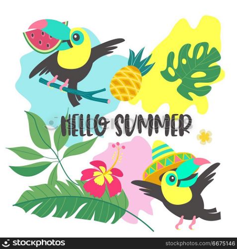 Hello summer. Aloha. Cute funny cartoon Toucan. Tropical paradis. Hello, summer. Funny toucans. Toucan in a Mexican hat. Toucan with a slice of watermelon in its beak. Tropical leaves, flowers and pineapples. Bright summer illustration. A set of elements to design your own illustration on a summer tropical theme.
