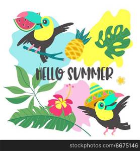 Hello summer. Aloha. Cute funny cartoon Toucan. Tropical paradis. Hello, summer. Funny toucans. Toucan in a Mexican hat. Toucan with a slice of watermelon in its beak. Tropical leaves, flowers and pineapples. Bright summer illustration. A set of elements to design your own illustration on a summer tropical theme.