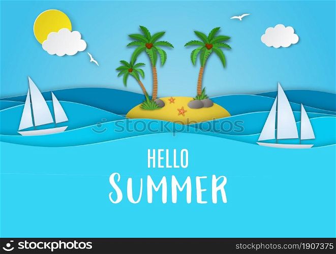 Hello, summer background is perfect for relaxing trips. Sea landscape with beach, waves, clouds. Paper cut out digital craft style. summer background. Vector illustration. Hello, summer background