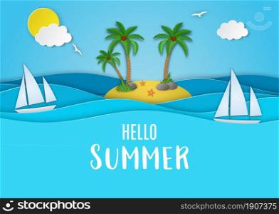 Hello, summer background is perfect for relaxing trips. Sea landscape with beach, waves, clouds. Paper cut out digital craft style. summer background. Vector illustration. Hello, summer background