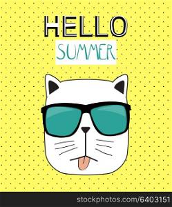 Hello Summer Background with Funny Hand Drawn Cat. Vector Illustration. EPS10. Hello Summer Background with Funny Hand Drawn Cat. Vector Illust
