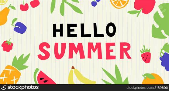 Hello summer banner. Cut out of black paper letters. Colorful cutouts fruits and berries. Shape colored cardboard or paper.. Hello summer banner. Cut out of black paper letters. Colorful cutouts fruits and berries. Shape colored cardboard or paper