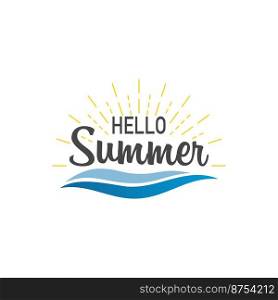 Hello summer. Banner hello summer with sunburst and waves. Sumer illustration. Text summer in lettering style. Vector illustration