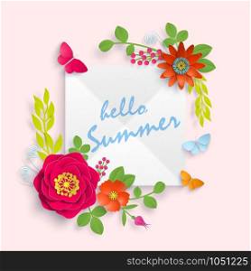 Hello summer banner template for social media advertising, invitation design or poster sale with paper art flowers background. Vector stock illustration. Hello summer banner template for advertising, invitation or poster sale with paper art flowers background. Vector stock illustration