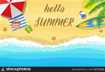 Hello Summer banner. Top view of Summer beach with sun umbrella, ball , picnic mat, bag and sea wave on sandy beach. Hello Summer banner