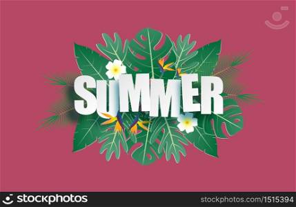 Hello summer banner with tropical leaves and text in paper cut style. Digital craft paper art summer background, wallpaper, backdrop.