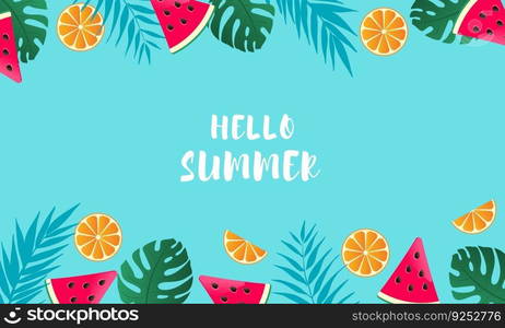 Hello summer banner with watermelon, oranges and palm leaves. Vector Illustration.. Hello summer banner with watermelon, oranges and palm leaves.