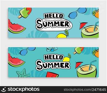 Hello summer banners design hand drawn style. Summer with doodles and objects elements for beach party background.