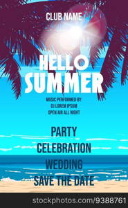 Hello Summer Beach Palms Party Poster, Flyer. Vector template background card adverising isolated illustration. Hello Summer Beach Palms Party Poster, Flyer