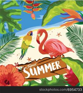 Hello Summer Beach Party.Tropical jungle rainforest plants flowers birds, flamingo , toucan border background