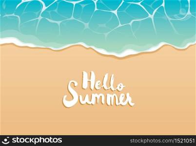 Hello summer beach top view travel and vacation background. Use for banner template, greeting card, invitation, sea and sand poster.