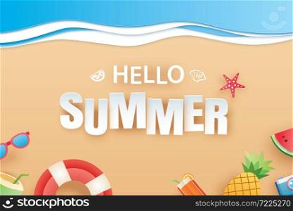 Hello summer beach top view travel and vacation background. Use for banner template, greeting card, invitation, wave and sand poster.