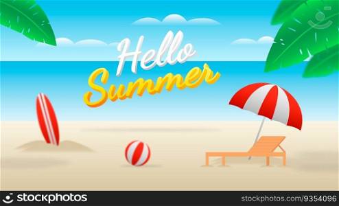 Hello Summer beach with beach chair, balloon, surfing board and umbrella. Background Illustration with editable text.