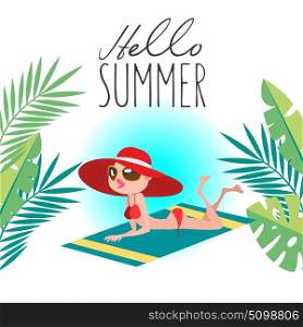 Hello, summer! Beautiful girl in a red hat, sunbathing on the beach. Vector illustration in flat style.