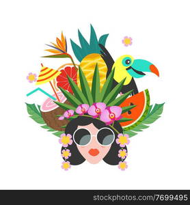 Hello, summer. Bright summer colorful illustration. A beautiful girl in sunglasses with a hairstyle decorated with exotic flowers and tropical fruits.. Hello, summer. A beautiful girl with a hairstyle decorated with exotic flowers and fruits.