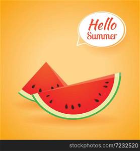 Hello summer card banner with watermelon paper art background.
