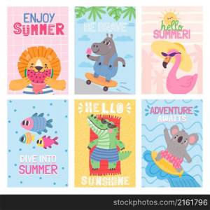 Hello summer cards with cartoon animals on beach vacation. Cute flamingo. Eating watermelon, sunbathing and surfing, fun poster vector set. Funny characters on vacation having rest. Hello summer cards with cartoon animals on beach vacation. Cute flamingo. Eating watermelon, sunbathing and surfing, fun poster vector set