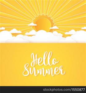 Hello Summer, Cloudscape, bright cloud sky and sun with lettering, paper art style