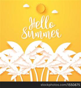 Hello Summer, coconut palm tree with sun and cloud, paper art style