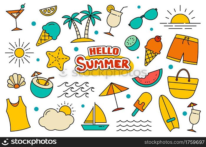 Hello summer collection set design on white background. Summer symbols and objects colorful.