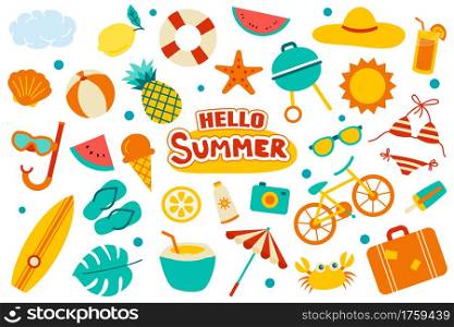 Hello summer collection set flat design on white background. Summer symbols and objects colorful.