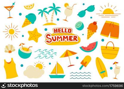 Hello summer collection set flat design on white background. Summer symbols and objects colorful.