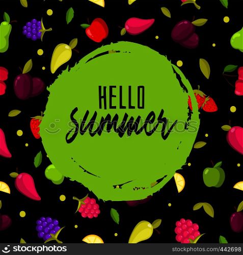 Hello summer. Colorful background with fruits. Banner and poster summer. Vector illustration. Hello summer. Colorful background with fruits