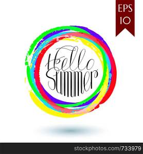 Hello summer colorful card.Lettering hello summer with bright backdrop. Vector illustration. Hello summer colorful card.Lettering hello summer with bright backdrop.