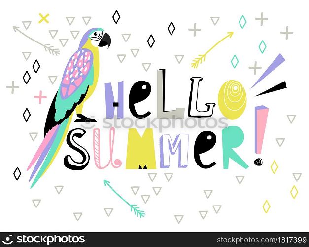 Hello summer Cute greeting Card with adorable parrot bird and iscription