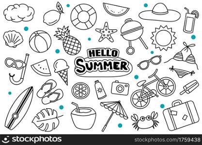 Hello summer doodle on white background. Summer hand drawn symbols and objects.