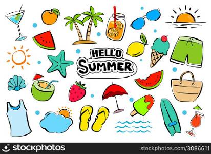 Hello summer elements set doodle on white background. Summer hand drawn symbols and objects.