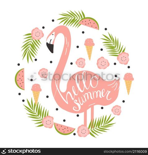 Hello summer. Flamingos, ice cream, watermelon. Vector illustration. Hello summer. Flamingos, ice cream,watermelon. Vector illustration