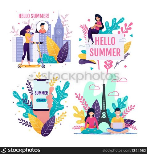 Hello Summer, Freelance and Vacation Cards Set. Media Pages Advertising Different Activities during Journey and Using Devices for Sharing Travel Moments. Vector Flat Illustration with Cartoon People. Hello Summer, Freelance and Vacation Cards Set