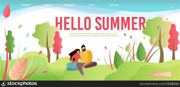 Hello Summer Greeting Landing Page. Couple in Love or Friends Having Rest on Nature. Flat Cartoon Woman and Man Sitting in Park and Hugging. Vector Illustration with Advertising Text Easy to Edit. Hello Summer Greeting Cartoon Style Landing Page