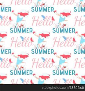 Hello Summer Greeting Seamless Female Pattern. Cartoon Pretty Happy Woman Running after Butterfly. Font and Handwritten Lettering. Vector Plant Leaves and Flowers Decoration. Flat Endless Illustration. Hello Summer Greeting Seamless Female Pattern