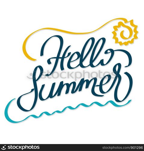 hello summer hand drawing lettering words with sun and ocean wave on white for your design, stock vector illustration