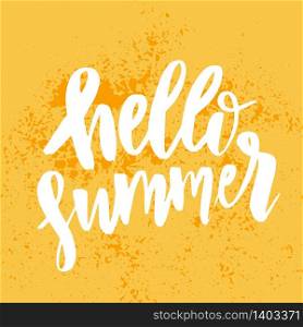 Hello Summer hand drawn brush lettering. logo Templates. Isolated Typographic Design Label with black text and yellow doodle sun icon.