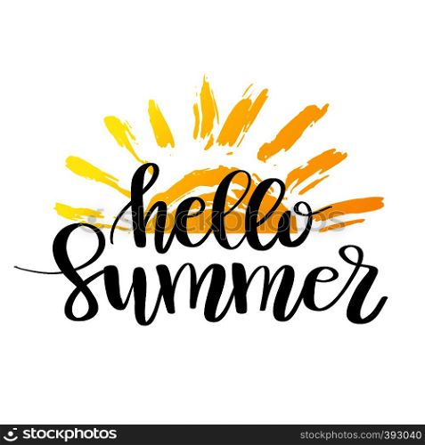 Hello Summer hand drawn brush lettering. logo Templates. Isolated Typographic Design Label with black text and yellow doodle sun icon.. Hello Summer hand drawn brush lettering. logo Templates. Isolated Typographic Design Label with black text and yellow doodle sun icon
