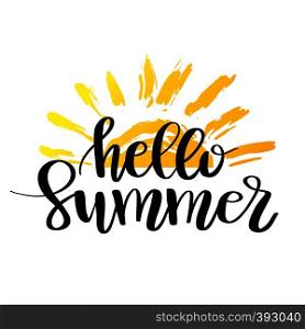 Hello Summer hand drawn brush lettering. logo Templates. Isolated Typographic Design Label with black text and yellow doodle sun icon.. Hello Summer hand drawn brush lettering. logo Templates. Isolated Typographic Design Label with black text and yellow doodle sun icon