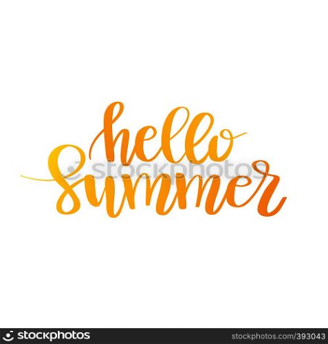Hello Summer hand drawn brush lettering. Logo Templates. Isolated typographic design label with yellow calligraphy quote isolated on white background. Vector. Hello Summer hand drawn brush lettering. l
