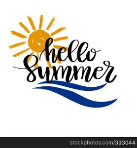 Hello Summer hand drawn brush lettering. logo Templates. Isolated Typographic Design Label with black text, blue sea wave and yellow doodle sun icon.. Hello Summer hand drawn brush lettering. Vector logo Templates. Isolated Typographic Design Label with black text and yellow doodle sun icon