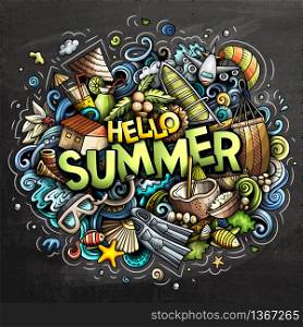 Hello Summer hand drawn cartoon doodles illustration. Funny seasonal design. Creative art vector background. Handwritten text with vacation elements and objects. Colorful composition. Hello Summer hand drawn cartoon doodles illustration. Funny seasonal design.