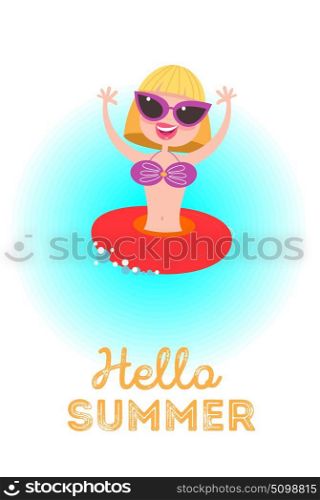 Hello summer! Happy girl in rubber ring. Vacation at sea! The beach activities. Vector illustration.