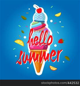 Hello summer ice cream cone, colorful background. Color sweet ice cream food, dessert ice-cream, vector illustration. Hello summer ice cream cone, colorful background