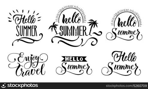 Hello Summer Lettering Set. Summer lettering set of isolated monochrome emblems with ornate text hand drawn style sunbeams and palms vector illustration